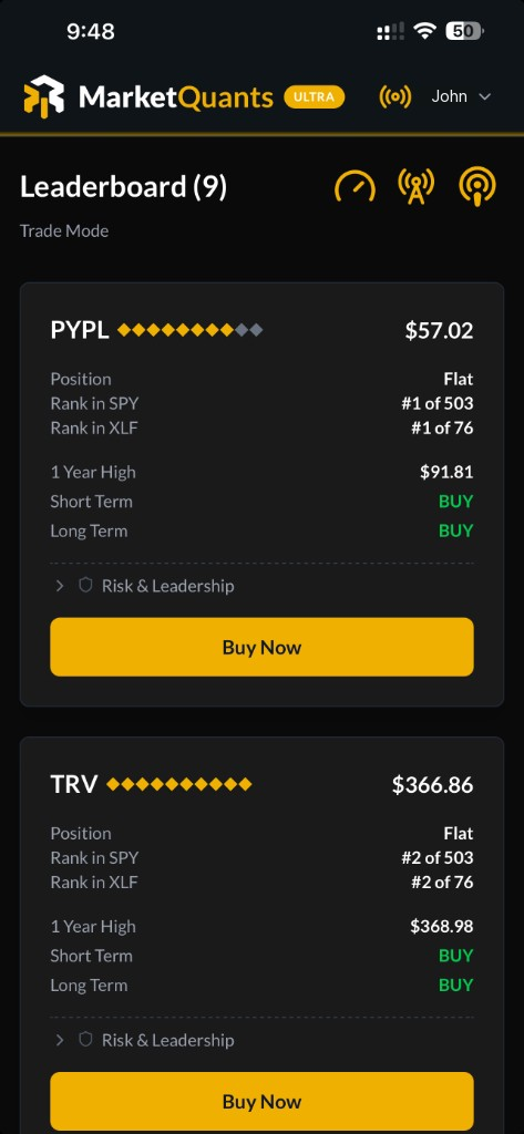 MarketQuants mobile app showing the Leaderboard with ranked securities